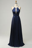 Navy Halter Satin Open Back Long Bridesmaid Dress Formal Evening Dresses