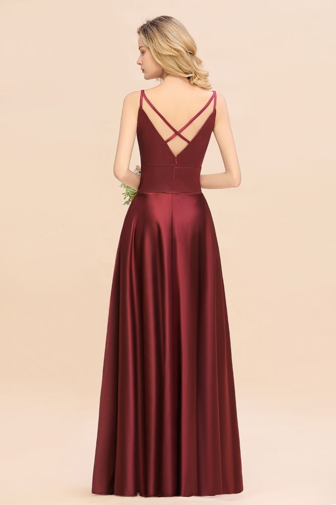Amzing Burgundy Evening Maxi Bridesmaid Dress Charming V-Neck Backless Wedding Party Dress
