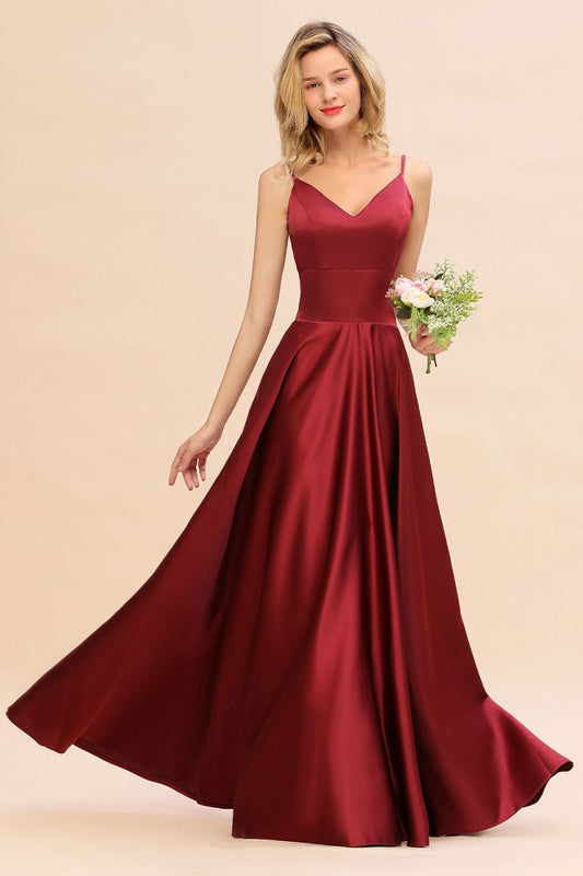 Amzing Burgundy Evening Maxi Bridesmaid Dress Charming V-Neck Backless Wedding Party Dress