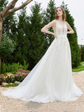 Applizierte tiefe V-Ausschnitt Spaghettiträger Brautkleid Elfenbein Brautkleider Kleider
