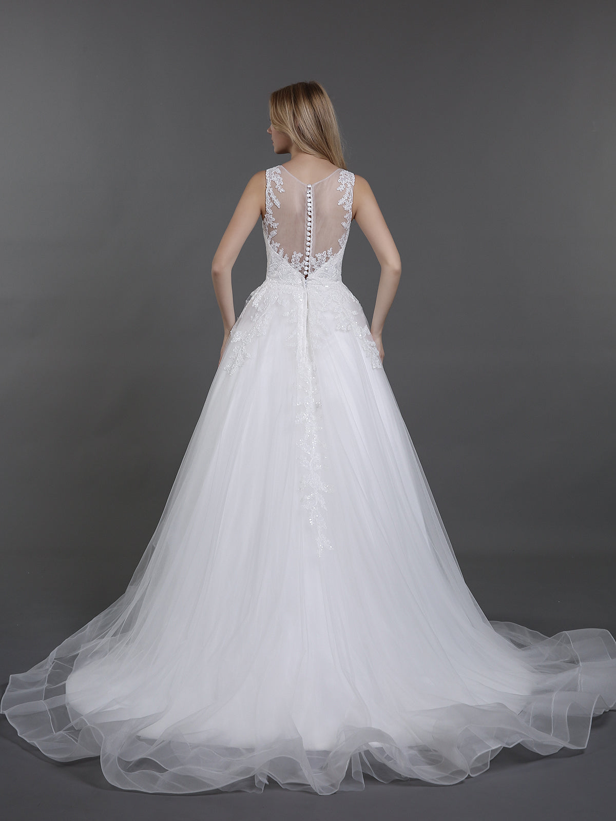 Illusion Neck Lace und Tüll Brautkleid-Elfenbein Brautkleider Kleider