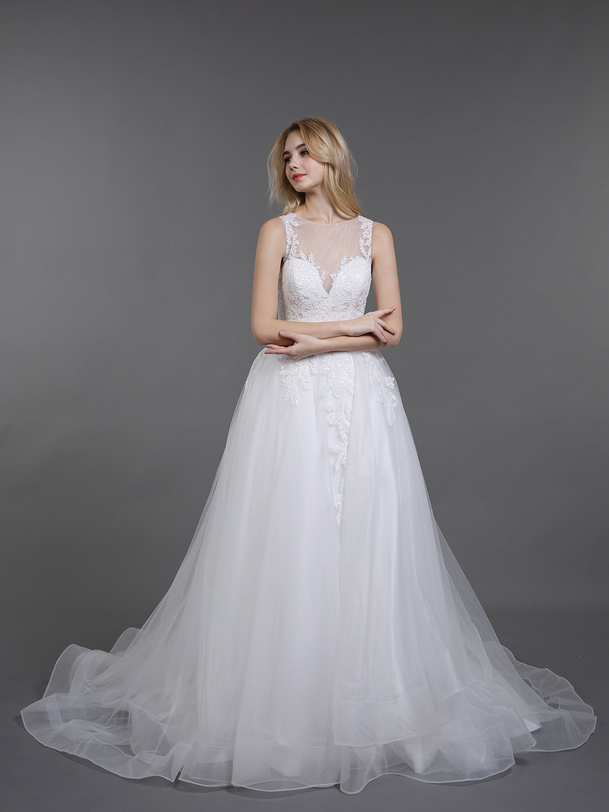 Illusion Neck Lace und Tüll Brautkleid-Elfenbein Brautkleider Kleider