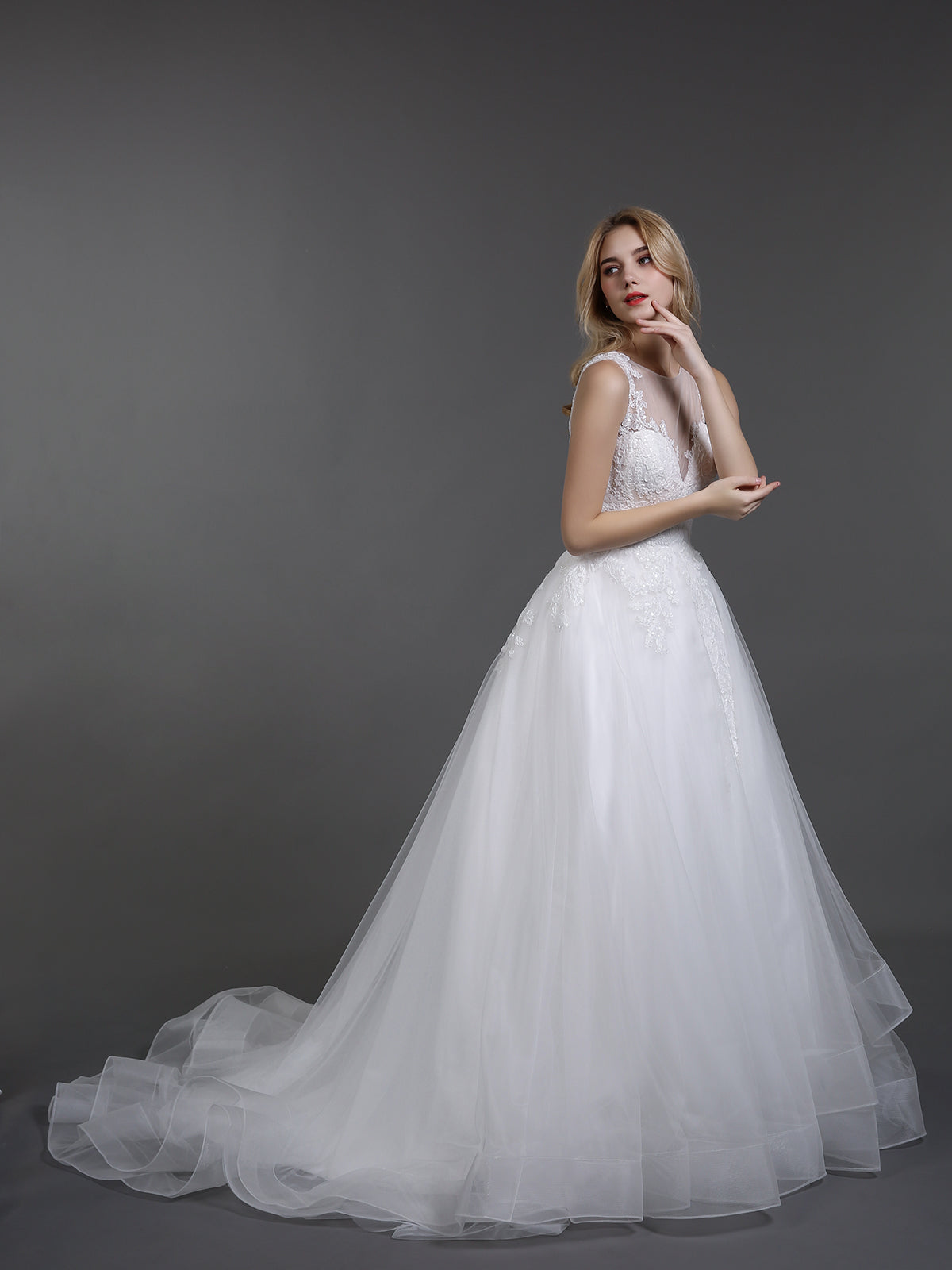 Illusion Neck Lace und Tüll Brautkleid-Elfenbein Brautkleider Kleider