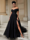 Schulterfreies A-Linien-Brautkleid mit Schlitz Schwarze Brautkleider