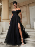 Schulterfreies A-Linien-Brautkleid mit Schlitz Schwarze Brautkleider