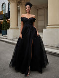 Schulterfreies A-Linien-Brautkleid mit Schlitz Schwarze Brautkleider