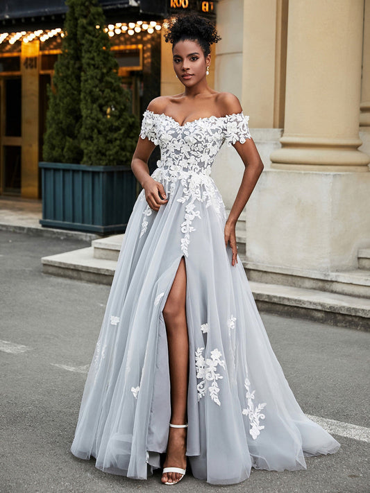 Schulterfreies A-Linien-Brautkleid mit Schlitz Elfenbein/Grau Brautkleider Kleider