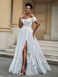 Schulterfreies A-Linien-Brautkleid mit Schlitz Elfenbein/Grau Brautkleider Kleider