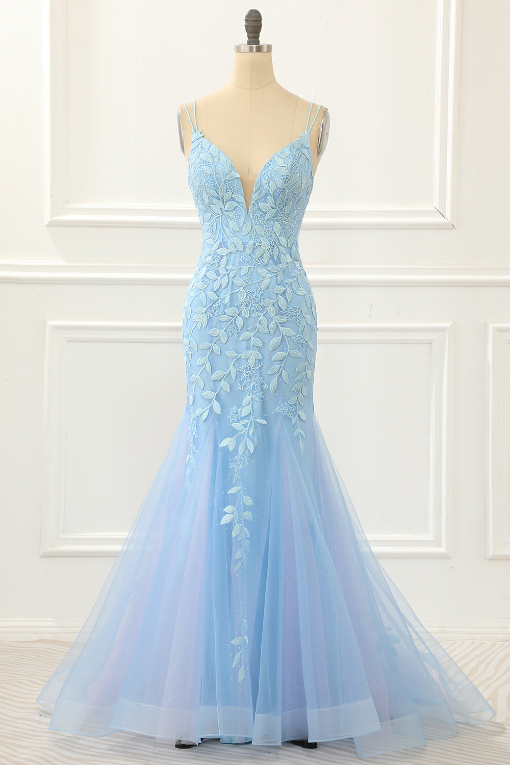 Blaues Meerjungfrau-Ballkleid aus Tüll mit Schnürung am Rücken und Applikationen, formelle Abendkleider