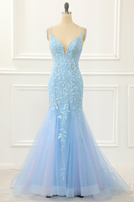 Blaues Meerjungfrau-Ballkleid aus Tüll mit Schnürung am Rücken und Applikationen, formelle Abendkleider