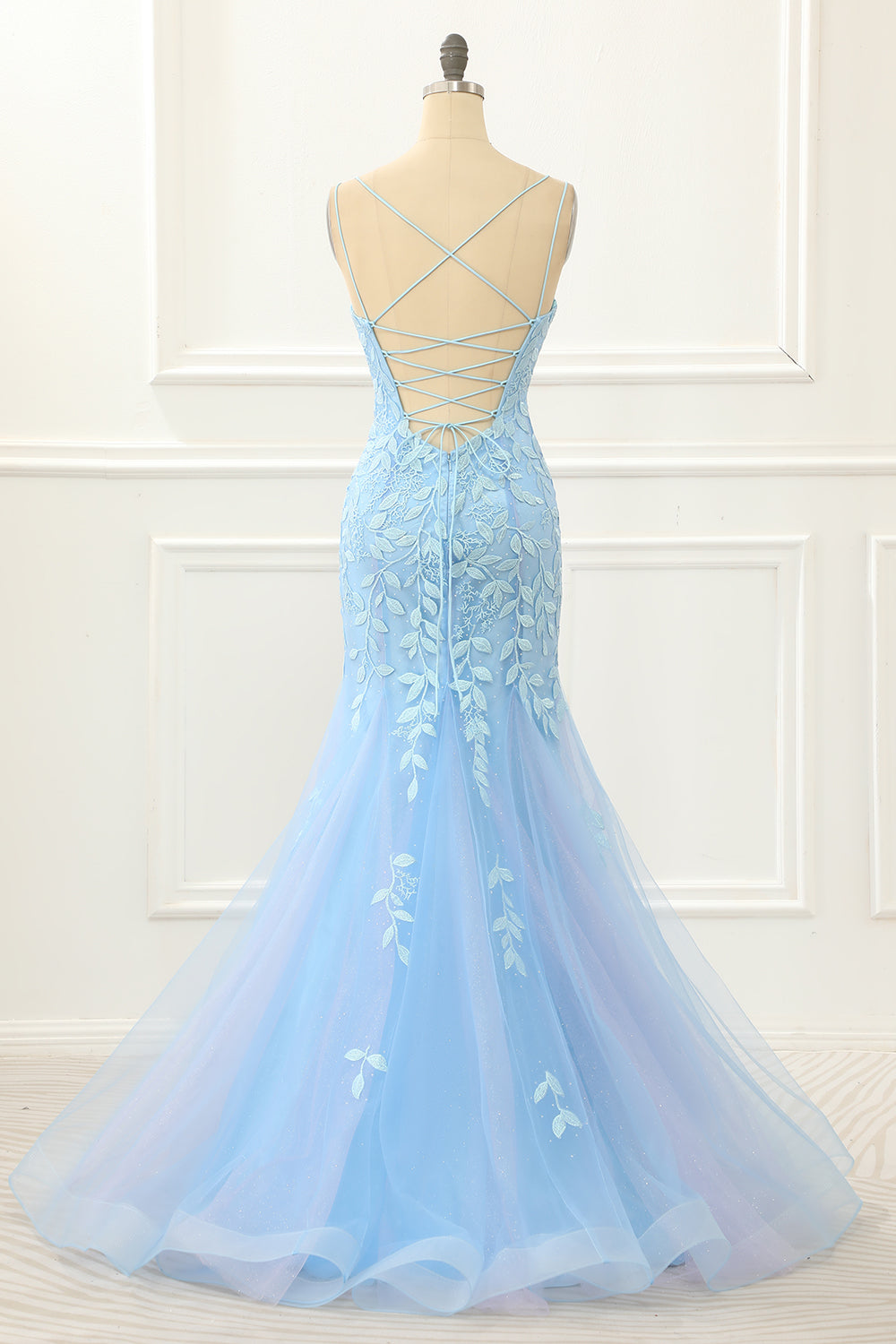 Blaues Meerjungfrau-Ballkleid aus Tüll mit Schnürung am Rücken und Applikationen, formelle Abendkleider