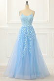Blue Tulle Lace-up Back A Line Prom Dress with Appliques Formal Evening Ball Gowns