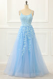 Blue Tulle Lace-up Back A Line Prom Dress with Appliques Formal Evening Ball Gowns