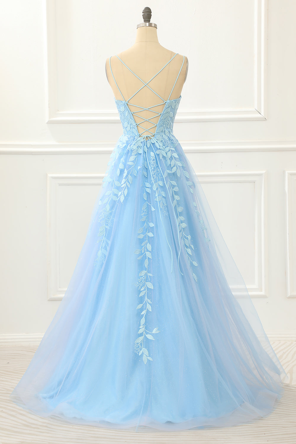 Blue Tulle Lace-up Back A Line Prom Dress with Appliques Formal Evening Ball Gowns