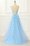 Blue Tulle Lace-up Back A Line Prom Dress with Appliques Formal Evening Ball Gowns