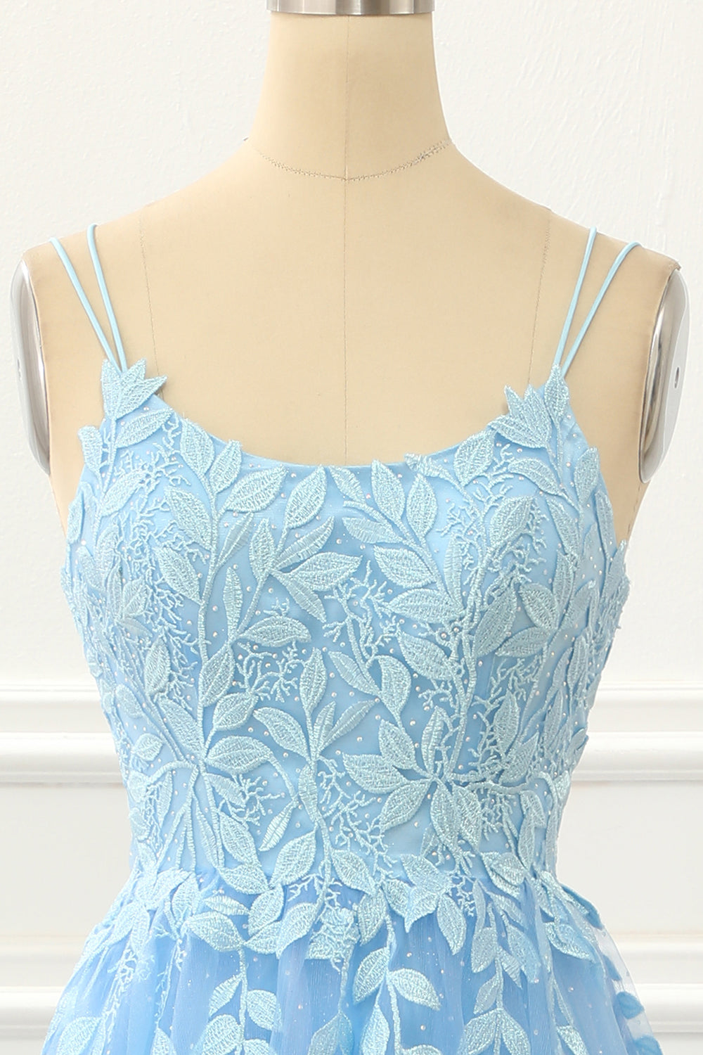 Blue Tulle Lace-up Back A Line Prom Dress with Appliques Formal Evening Ball Gowns