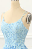 Blue Tulle Lace-up Back A Line Prom Dress with Appliques Formal Evening Ball Gowns