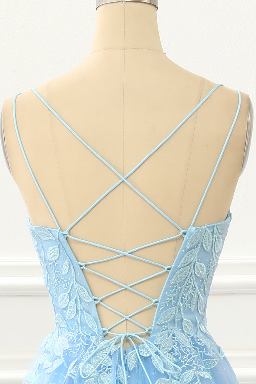 Blue Tulle Lace-up Back A Line Prom Dress with Appliques Formal Evening Ball Gowns