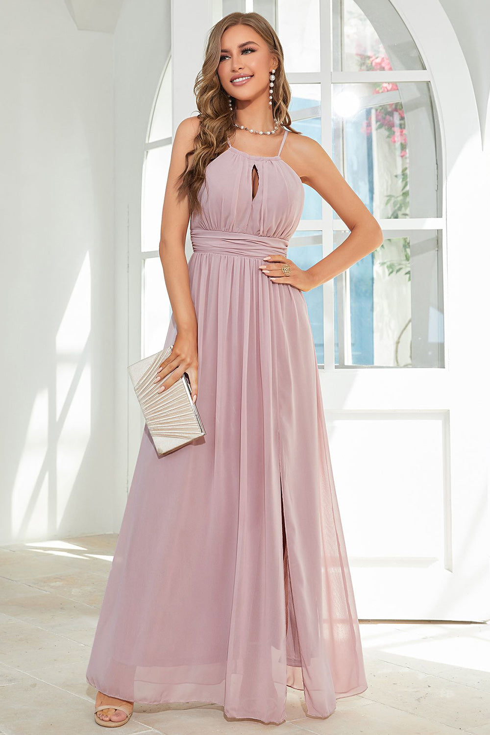 Orange Chiffon Halter Bridesmaid Dress with Slit Formal Evening Dresses