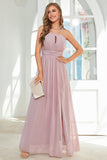 Orange Chiffon Halter Bridesmaid Dress with Slit Formal Evening Dresses