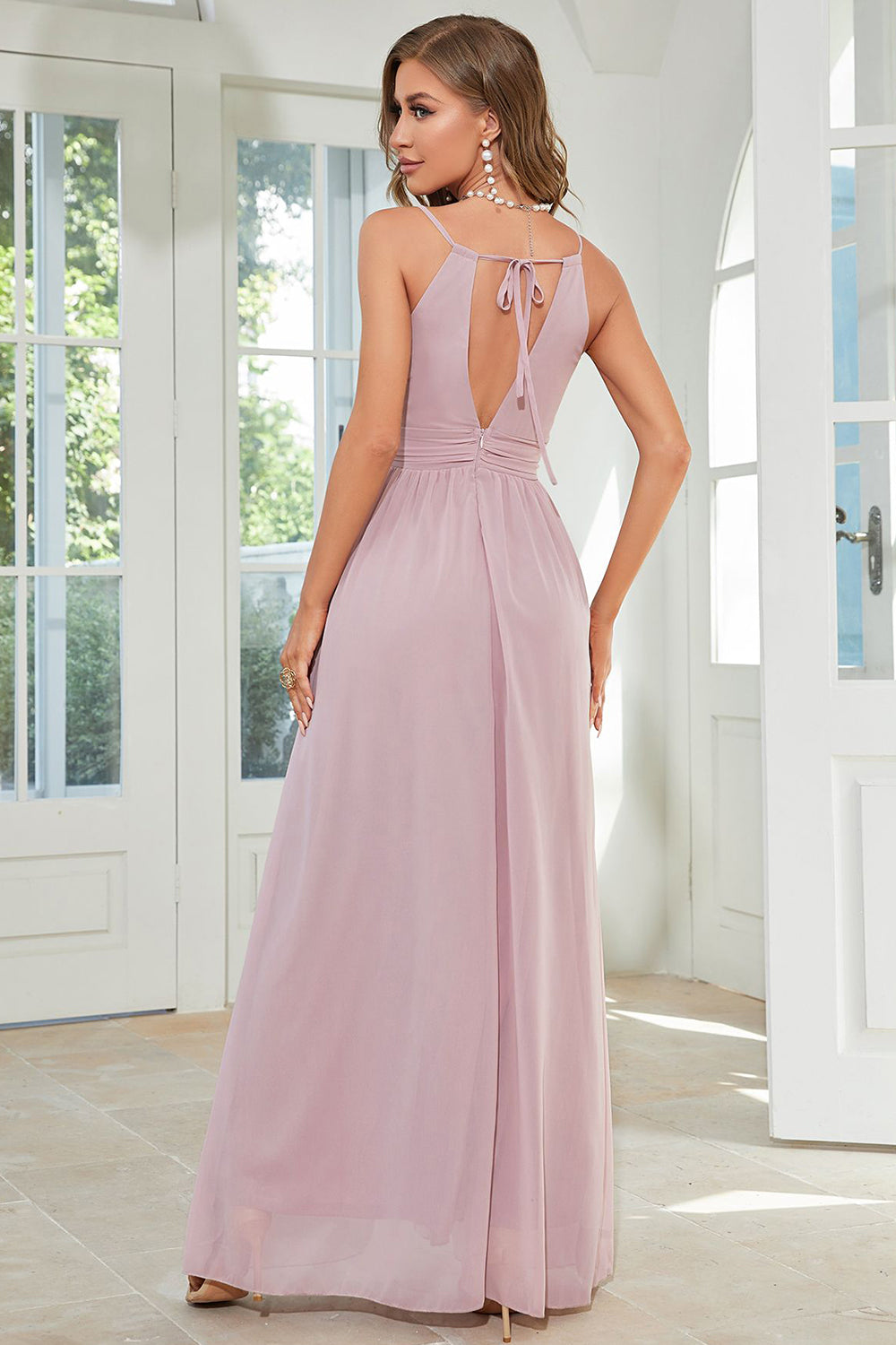 Orange Chiffon Halter Bridesmaid Dress with Slit Formal Evening Dresses