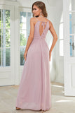 Orange Chiffon Halter Bridesmaid Dress with Slit Formal Evening Dresses