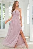 Orange Chiffon Halter Bridesmaid Dress with Slit Formal Evening Dresses
