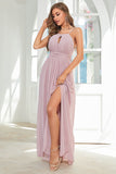 Orange Chiffon Halter Bridesmaid Dress with Slit Formal Evening Dresses
