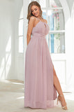 Orange Chiffon Halter Bridesmaid Dress with Slit Formal Evening Dresses