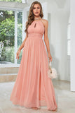 Orange Chiffon Halter Bridesmaid Dress with Slit Formal Evening Dresses