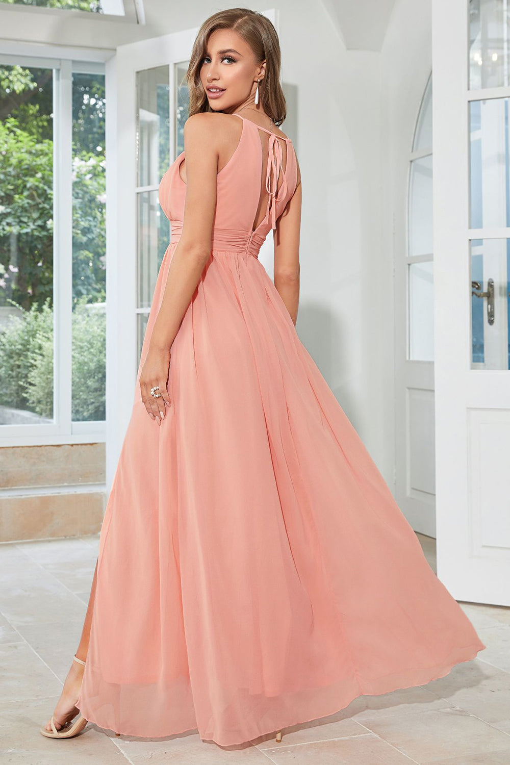 Orange Chiffon Halter Bridesmaid Dress with Slit Formal Evening Dresses