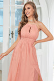Orange Chiffon Halter Bridesmaid Dress with Slit Formal Evening Dresses