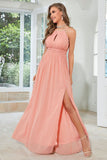 Orange Chiffon Halter Bridesmaid Dress with Slit Formal Evening Dresses