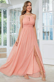 Orange Chiffon Halter Bridesmaid Dress with Slit Formal Evening Dresses