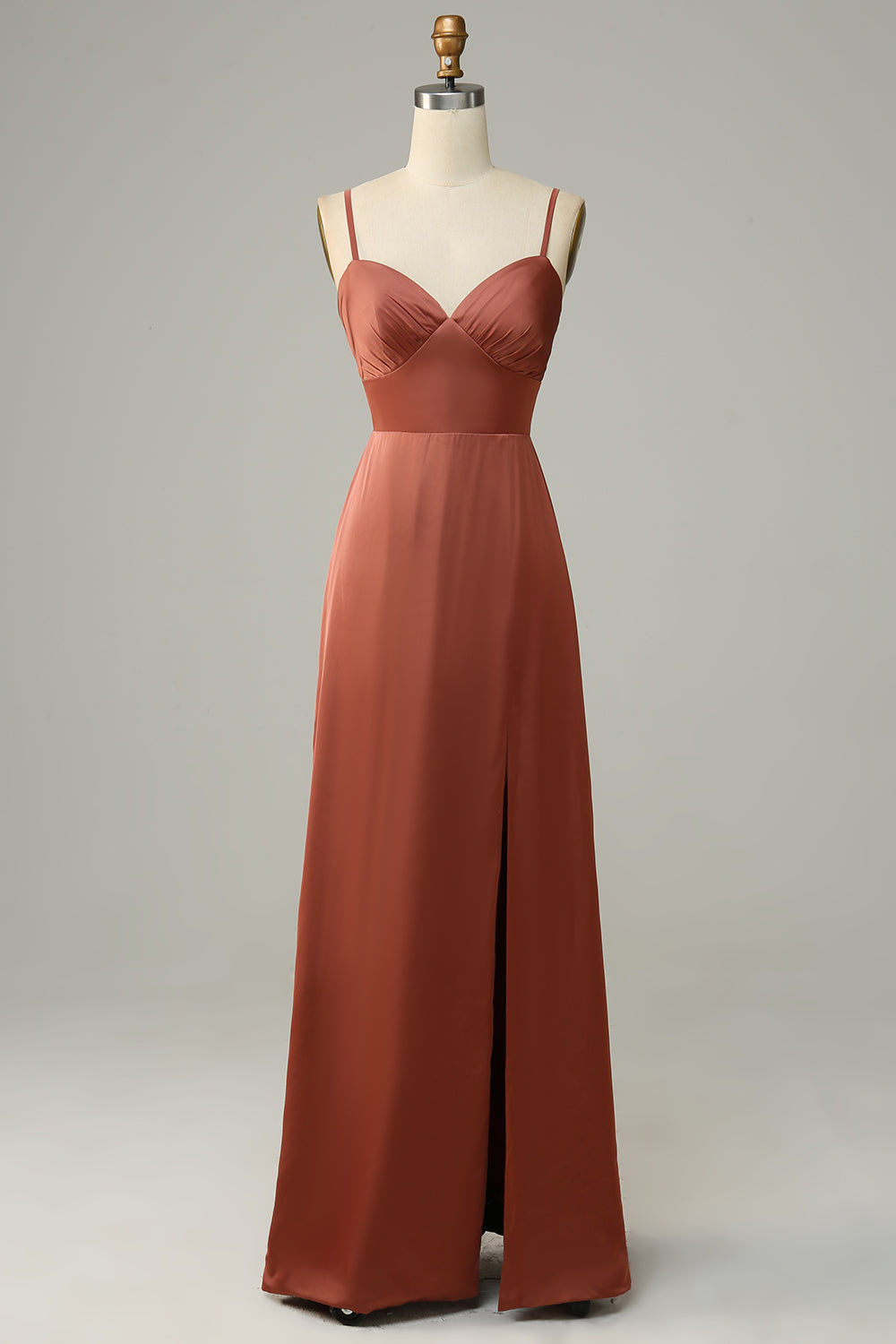 Vestido de dama de honor de satén con tirantes finos, color rojo ladrillo y abertura, vestidos de noche formales