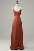 Vestido de dama de honor de satén con tirantes finos, color rojo ladrillo y abertura, vestidos de noche formales