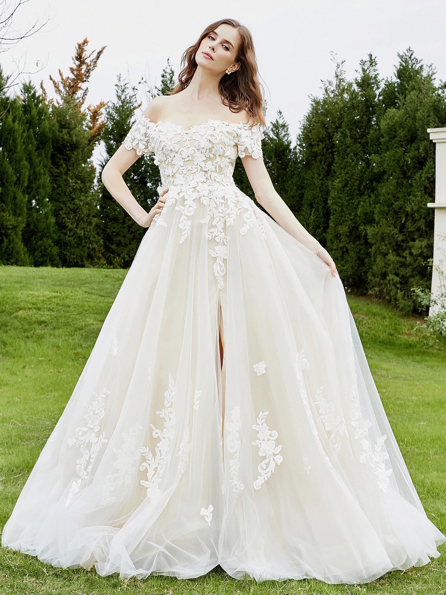 Off-the-shoulder A-line Wedding Dress With Slit-Ivory/Champagne Bridal Gowns Dresses