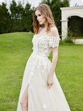Off-the-shoulder A-line Wedding Dress With Slit-Ivory/Champagne Bridal Gowns Dresses