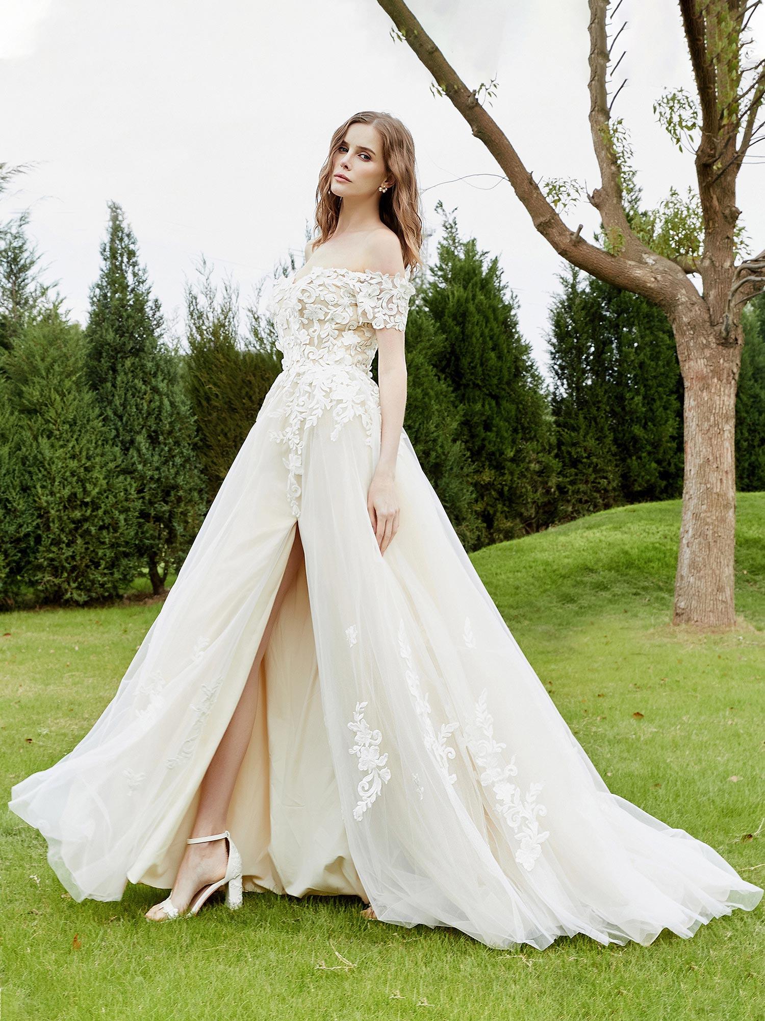 Off-the-shoulder A-line Wedding Dress With Slit-Ivory/Champagne Bridal Gowns Dresses