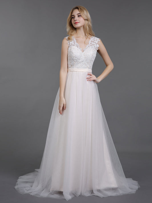Vestido de novia de playa con escote en V, encaje y tul - Vestidos de novia color marfil