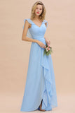 Charming Cap Sleeves Ruffle Chiffon Hi-Lo Bridesmaid Dress Elegant Wedding Party Evening Dress