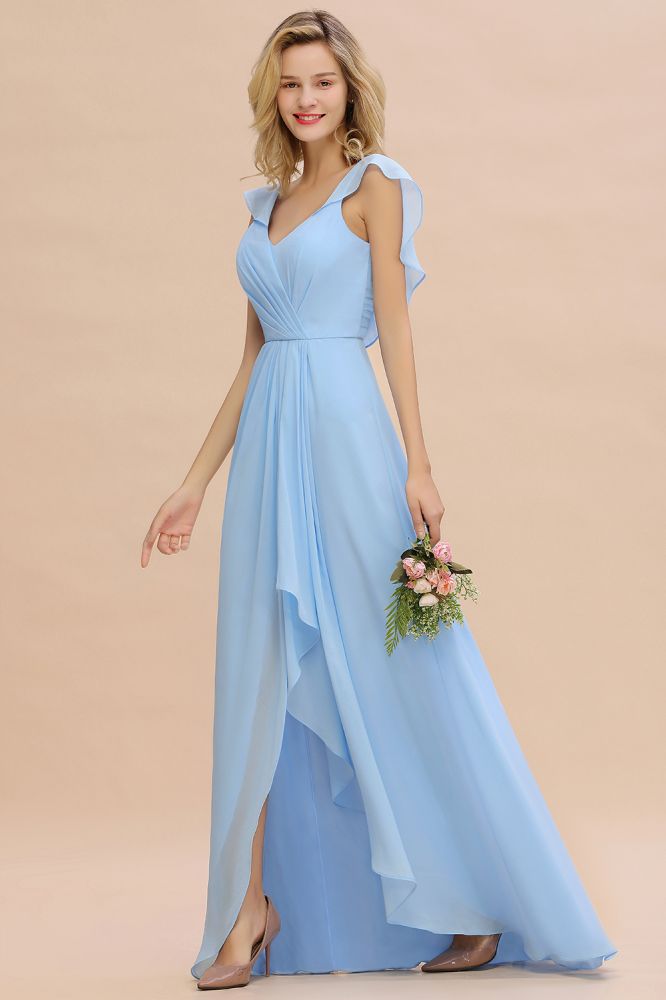 Charming Cap Sleeves Ruffle Chiffon Hi-Lo Bridesmaid Dress Elegant Wedding Party Evening Dress