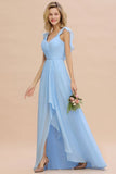 Charming Cap Sleeves Ruffle Chiffon Hi-Lo Bridesmaid Dress Elegant Wedding Party Evening Dress