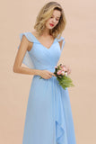 Charming Cap Sleeves Ruffle Chiffon Hi-Lo Bridesmaid Dress Elegant Wedding Party Evening Dress