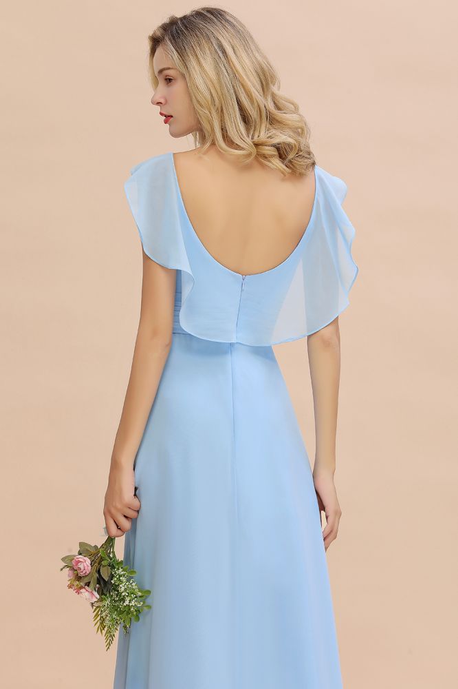 Charming Cap Sleeves Ruffle Chiffon Hi-Lo Bridesmaid Dress Elegant Wedding Party Evening Dress