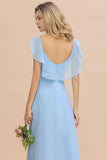 Charming Cap Sleeves Ruffle Chiffon Hi-Lo Bridesmaid Dress Elegant Wedding Party Evening Dress