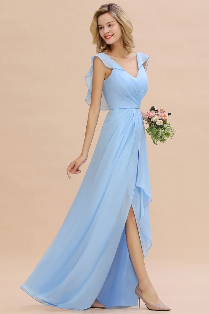 Charming Cap Sleeves Ruffle Chiffon Hi-Lo Bridesmaid Dress Elegant Wedding Party Evening Dress