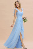 Charming Cap Sleeves Ruffle Chiffon Hi-Lo Bridesmaid Dress Elegant Wedding Party Evening Dress