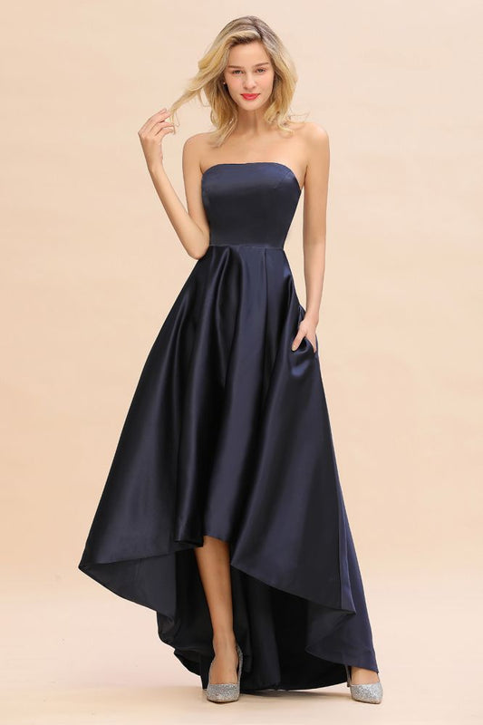 Charming Strapless Satin Navy Hi-Lo Evening Party Gowns Prom Bridesmaid Dress