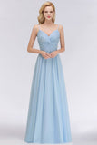 Chic Spaghetti Straps Ruggle Chiffon Bridesmaid Dress Sky Blue Elegant Wedding Party Dress